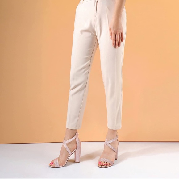 Chunky High Heel Sandal Strappy Open Toe Ankle Strap Rose Gold Shiny - Picture 5 of 5